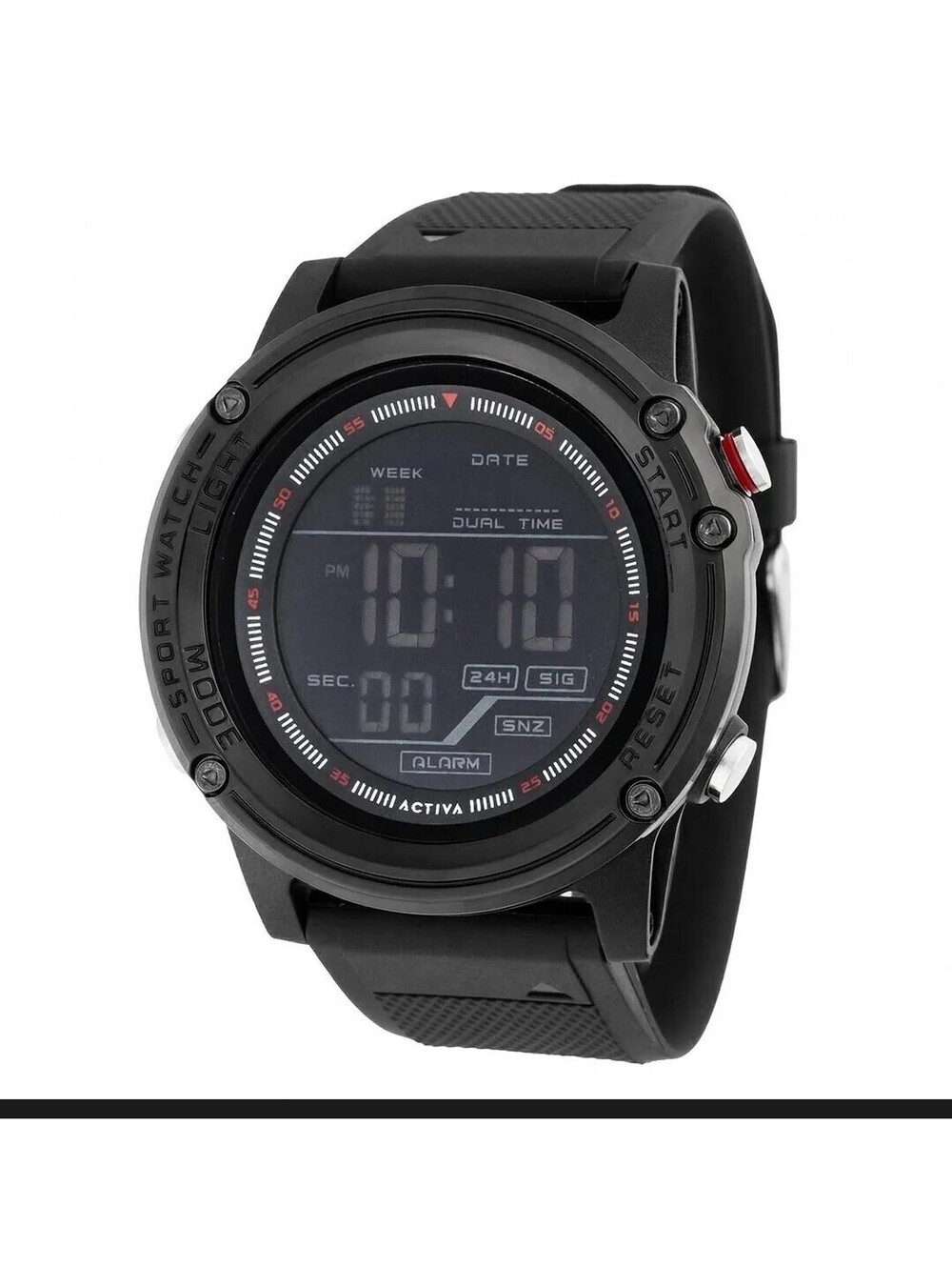 210 activa sport digital black rubber strap alarm dual time wristwatch w/ box